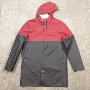 Stutterheim Jacket Mens Small Red Black Raincoat Waterproof Long Pockets Outdoor